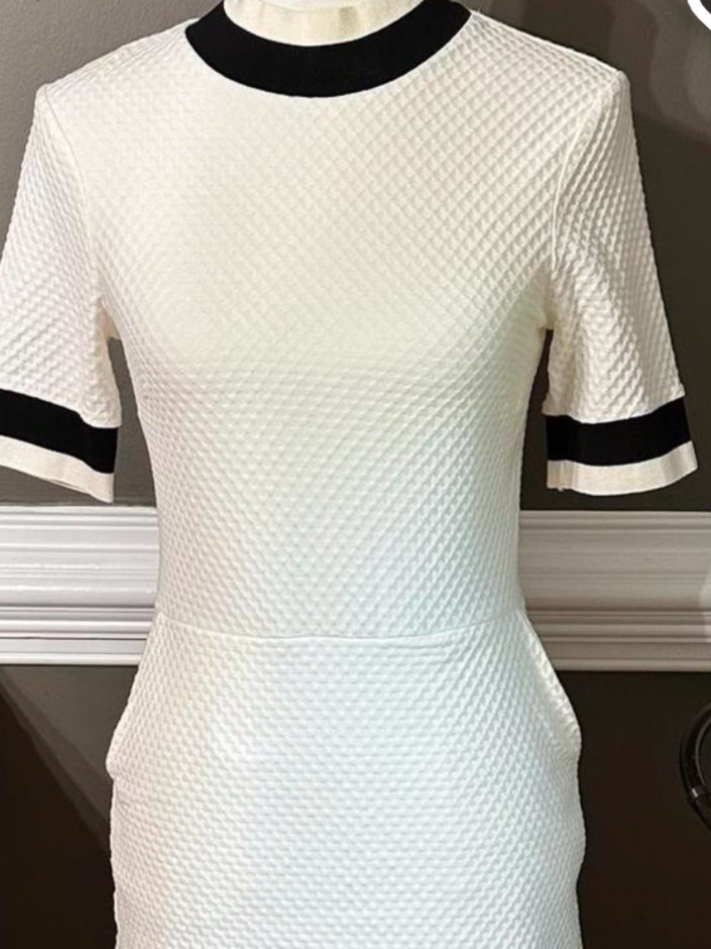 French Connection White Textured Midi Dress with Black Sleeve Bands